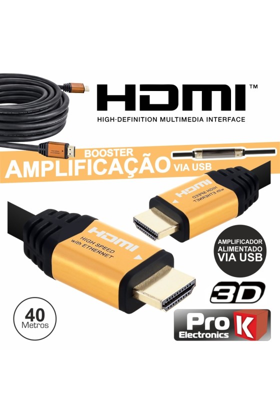 CABO HDMI DOURADO MACHO / MACHO C/ AMPLIFICADOR 40M PROK