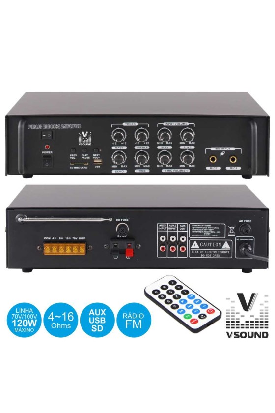 Amplificador PA 12/220V 3 Entr.120W BT/MP3/USB/SD/FM VSOUND