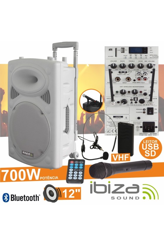 COLUNA AMPLIFICADA 12" 700W USB/BT/SD/BAT VHF BRANCO IBIZA
