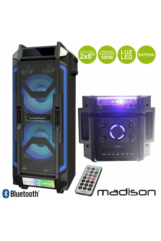 COLUNA AMPLIFICADA 2x8" 500W FM/USB/BT/BAT LEDS MADISON