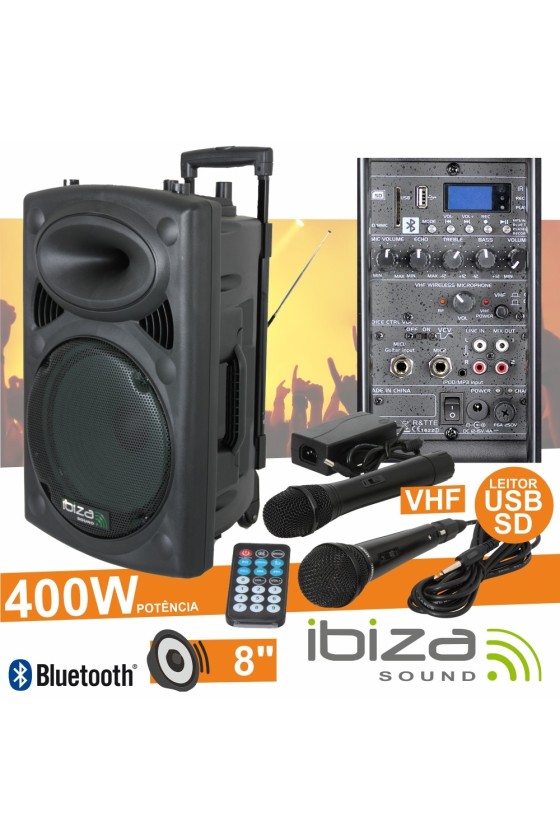 COLUNA AMPLIFICADA 8" 400W USB/BT/SD/BAT VHF PRETA IBIZA