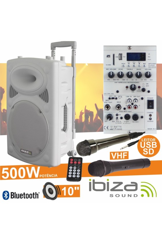 COLUNA AMPLIFICADA 10" 500W USB/BT/SD/BAT VHF BRANCO IBIZA