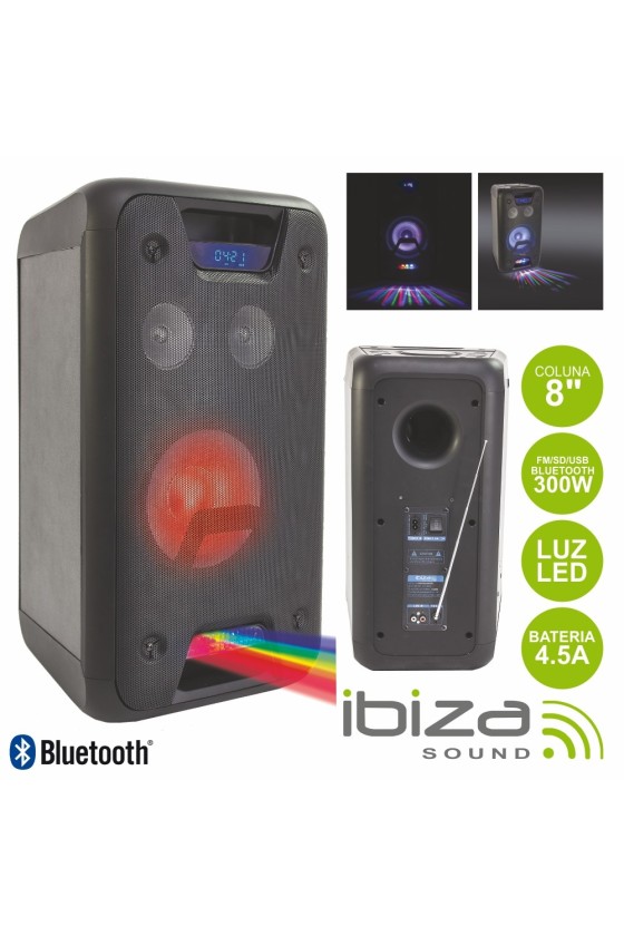 COLUNA BLUETOOTH PORTÁTIL 300W USB/BT/AUX/BAT LED IBIZA