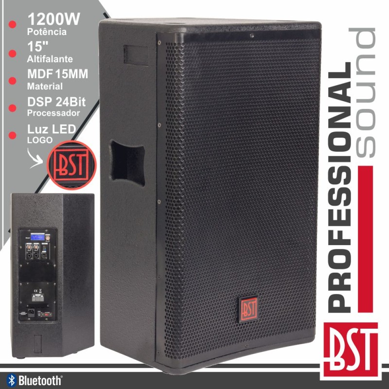 COLUNA AMPLIFICADA PRO 15" 1200W 4 MODOS BT 15MM MDF BST