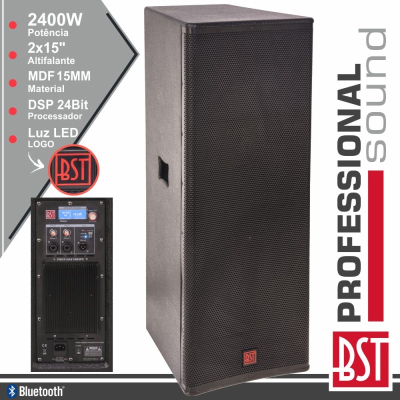 COLUNA AMPLIFICADA PRO 2X15" 2400W 4 MODOS BT 15MM MDF BST