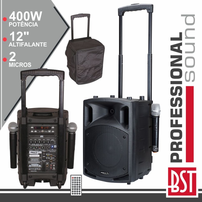 COLUNA AMPLIFICADA 12" 400Wmáx 2 MIC UHF CD/USB/BT BOLSA BST