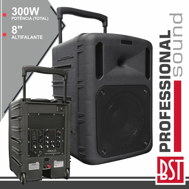 COLUNA AMPLIFICADA PRO 8" 300W C/ RECEPTOR PWA E BAT BST