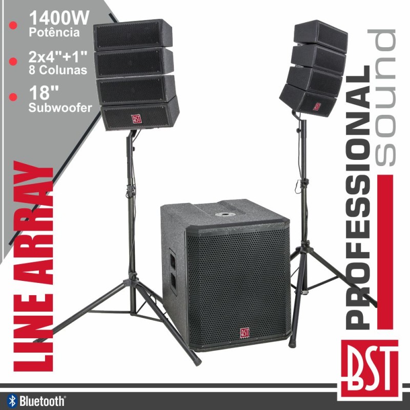 SISTEMA LINE-ARRAY ATIVO 8 COLUNAS 2x4" E SUB 18" 1400W BST
